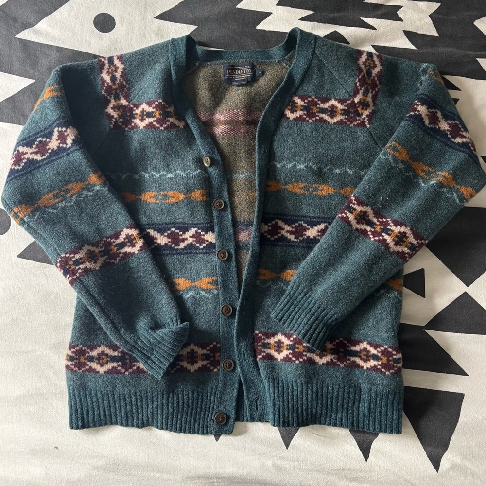 Pendleton Teal And Orange Patterned Cardigan - image 1